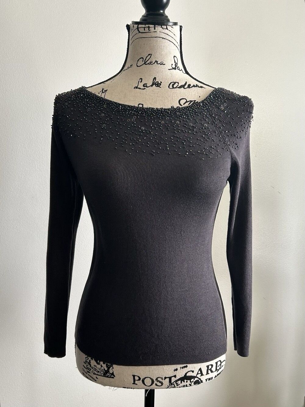 Vintage 90s Joseph A. Dark Grey Beaded Sequin All Silk Sweater 3/4 Sleeve Size S